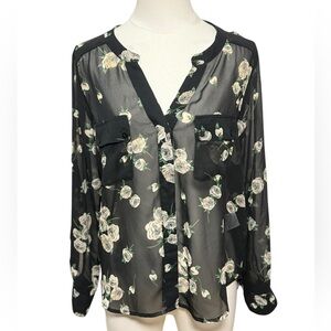 Collective Concepts Sheer Floral Long Sleeve Blouse Black Size Small